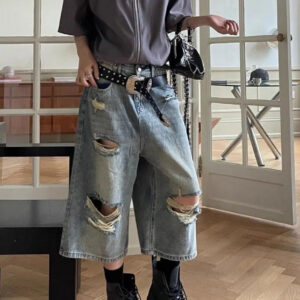 Relaxed Ripped Capri Wide Leg Jeans