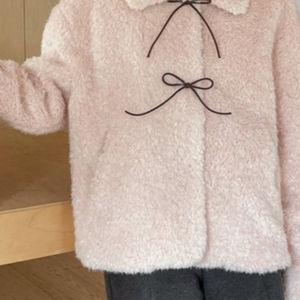 Retro Color Block Bow Tie Fuzzy Tie-Up Coat