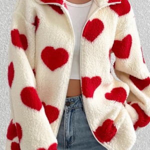 Classic Heart Print Oversized Long Sleeve Zip Coat