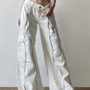 Long Zipper Pocket White Cargo Roomy Leg Jeans