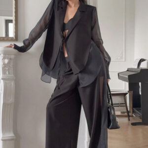 Mesh Tie Waist Roomy Leg Pants Blazer